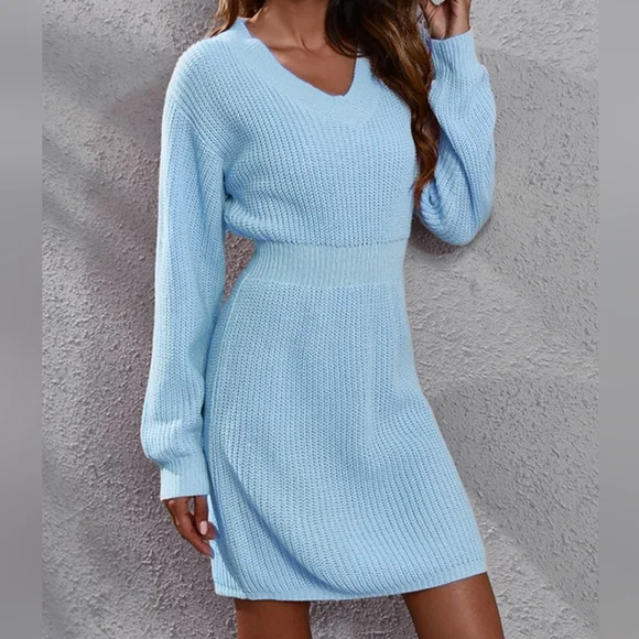 Blue Rib-Knit V-Neck Long Sleeve Sweater Dress - Picture 4 of 9